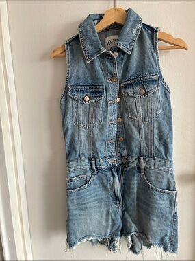 ZARA Blue Sleeveless Denim Playsuit with Frayed Hem